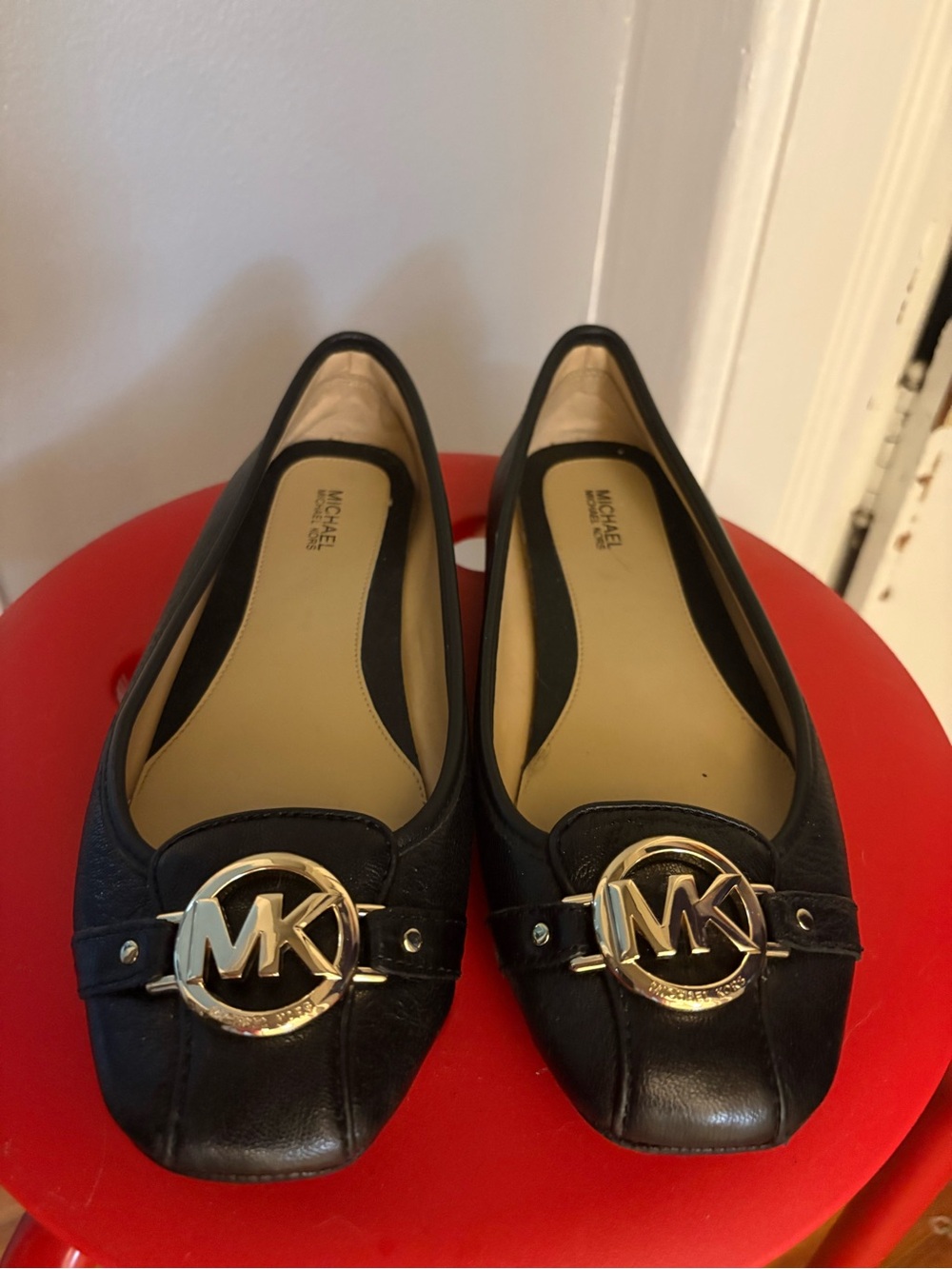 Michael Kors Black Leather MK Logo Ballet Flats with Gold Tone Hardware